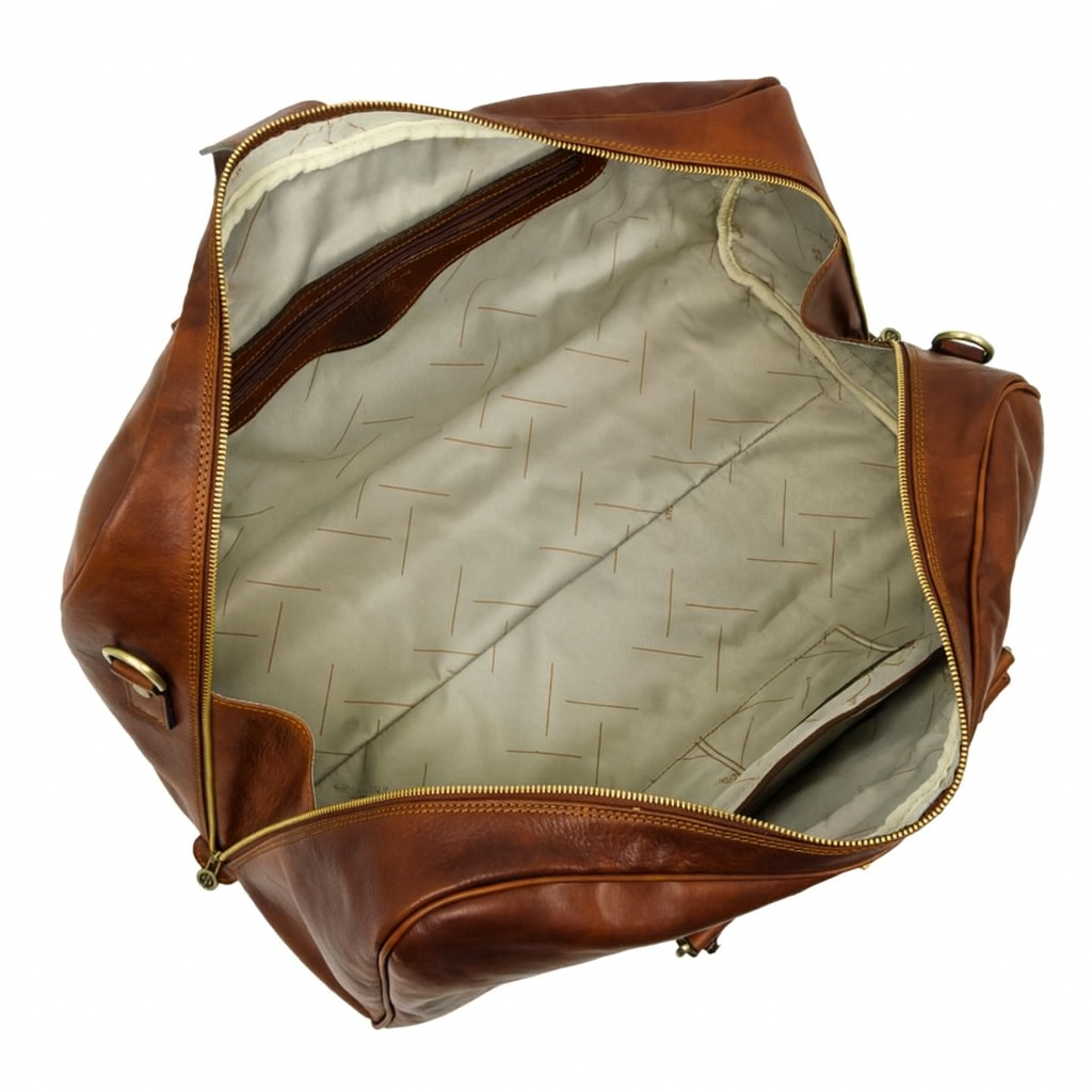 Brown leather bag with open front compartment on a white background