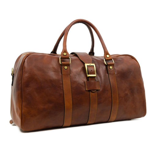 Brown leather duffel bag with gold buckle on a white background