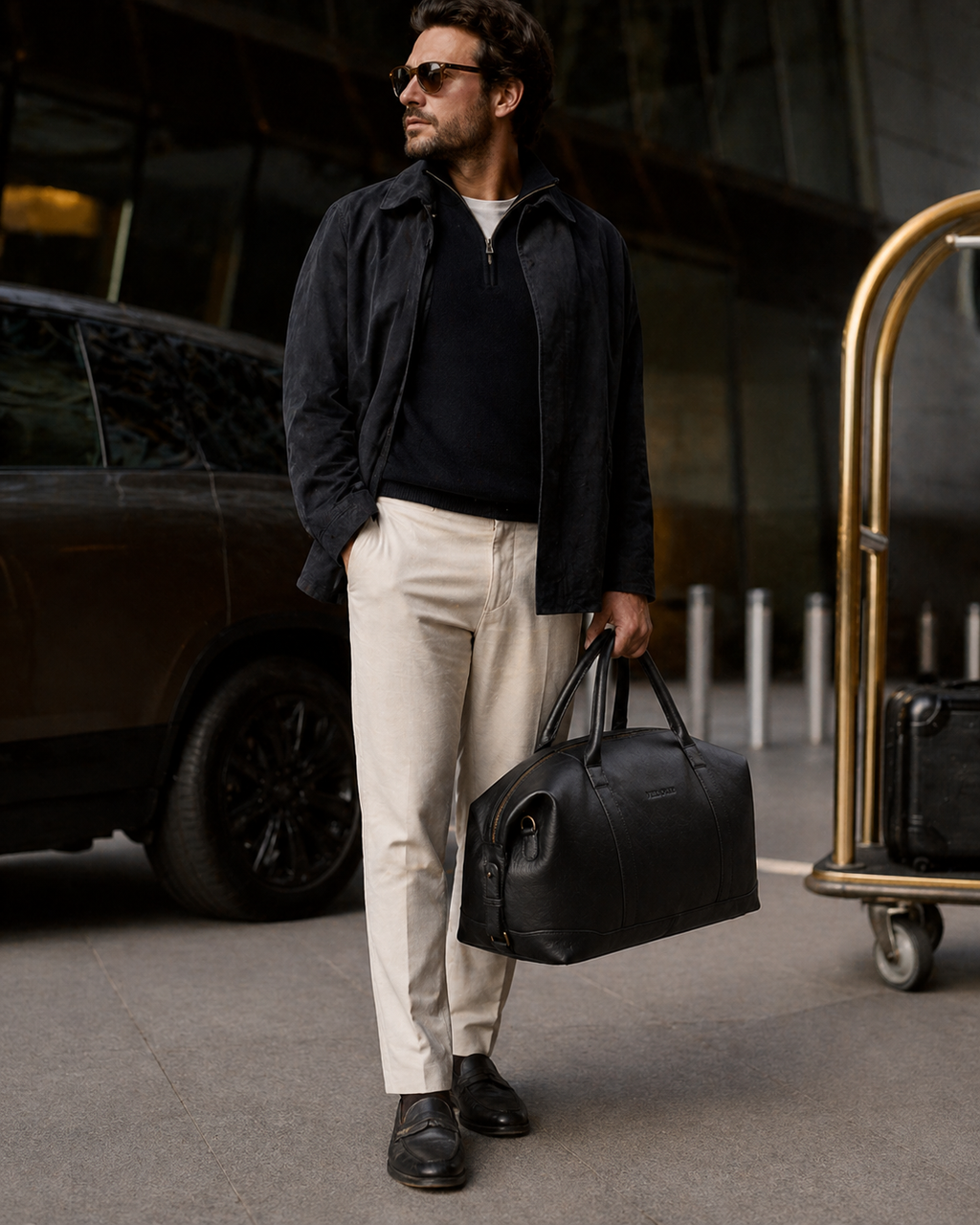 Redoir Leather Weekender Bag (Black Nappa)