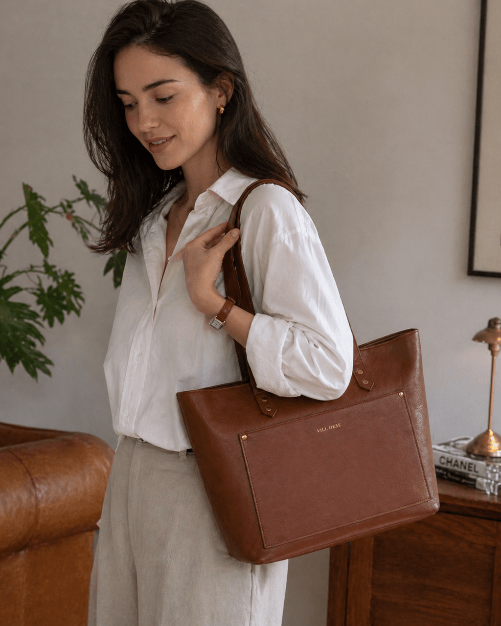Work Leather Tote Bag (Cognac Nappa)