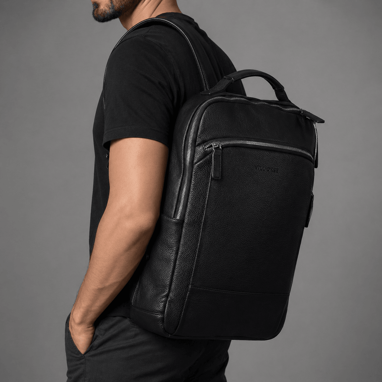 The Atlas Leather Backpack by VILL OKSE with half length model
