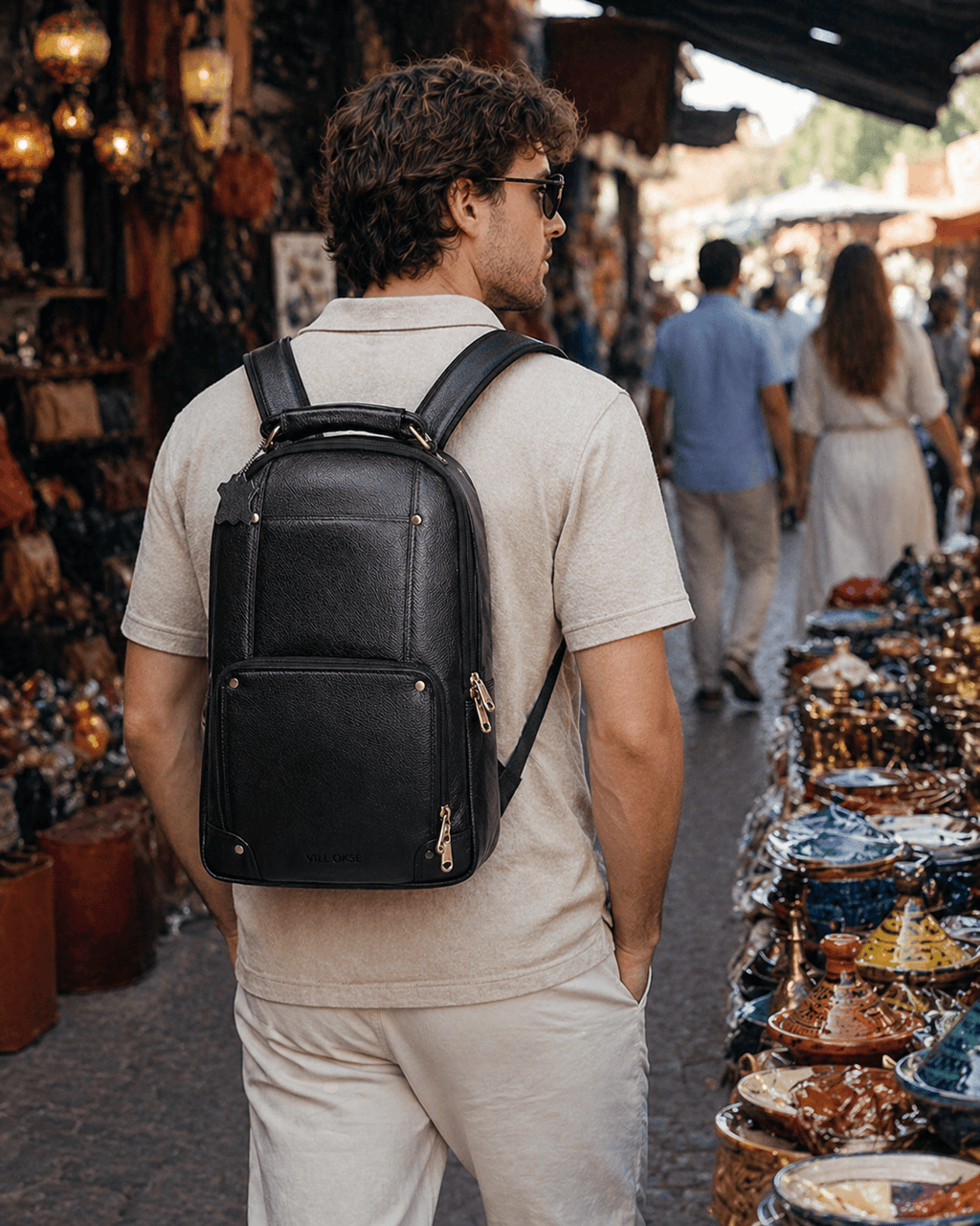 The Bavaria Black NDM Leather backpack by VILL OKSE with male model