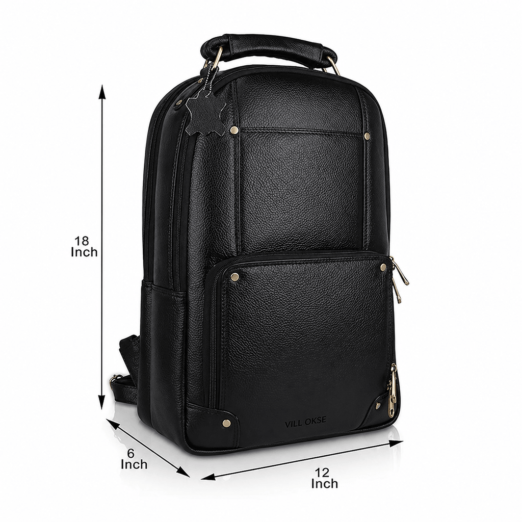 The Bavaria Leather Backpack in Black NDM by VILL OKSE dimension view