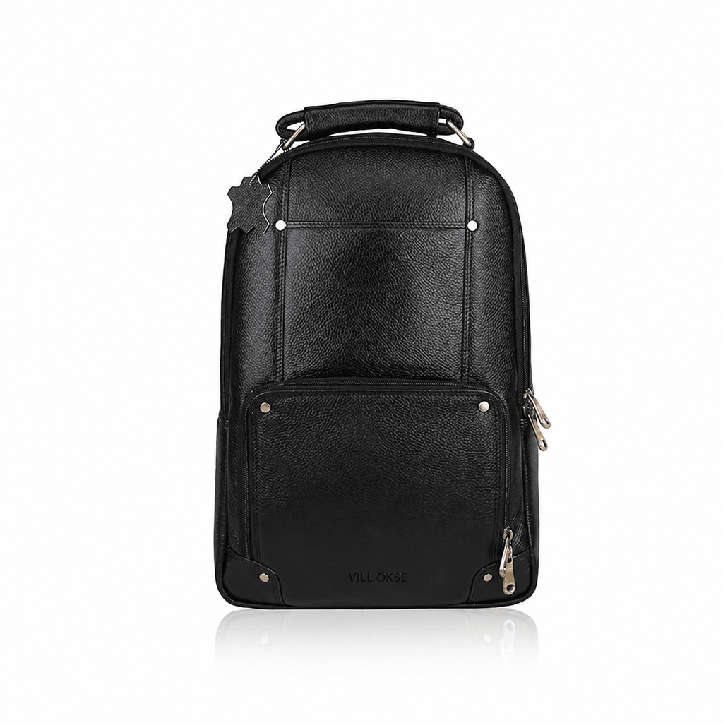 The Bavaria Leather Backpack in Black NDM by VILL OKSE front view