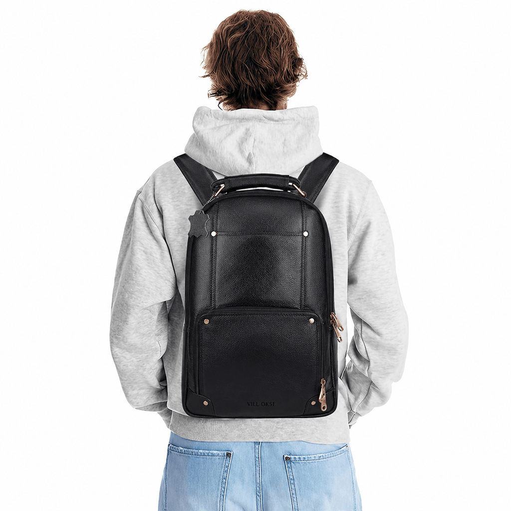 The Bavaria Leather Backpack in Black NDM by VILL OKSE front view with model