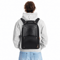 The Bavaria Leather Backpack in Black NDM by VILL OKSE front view with model