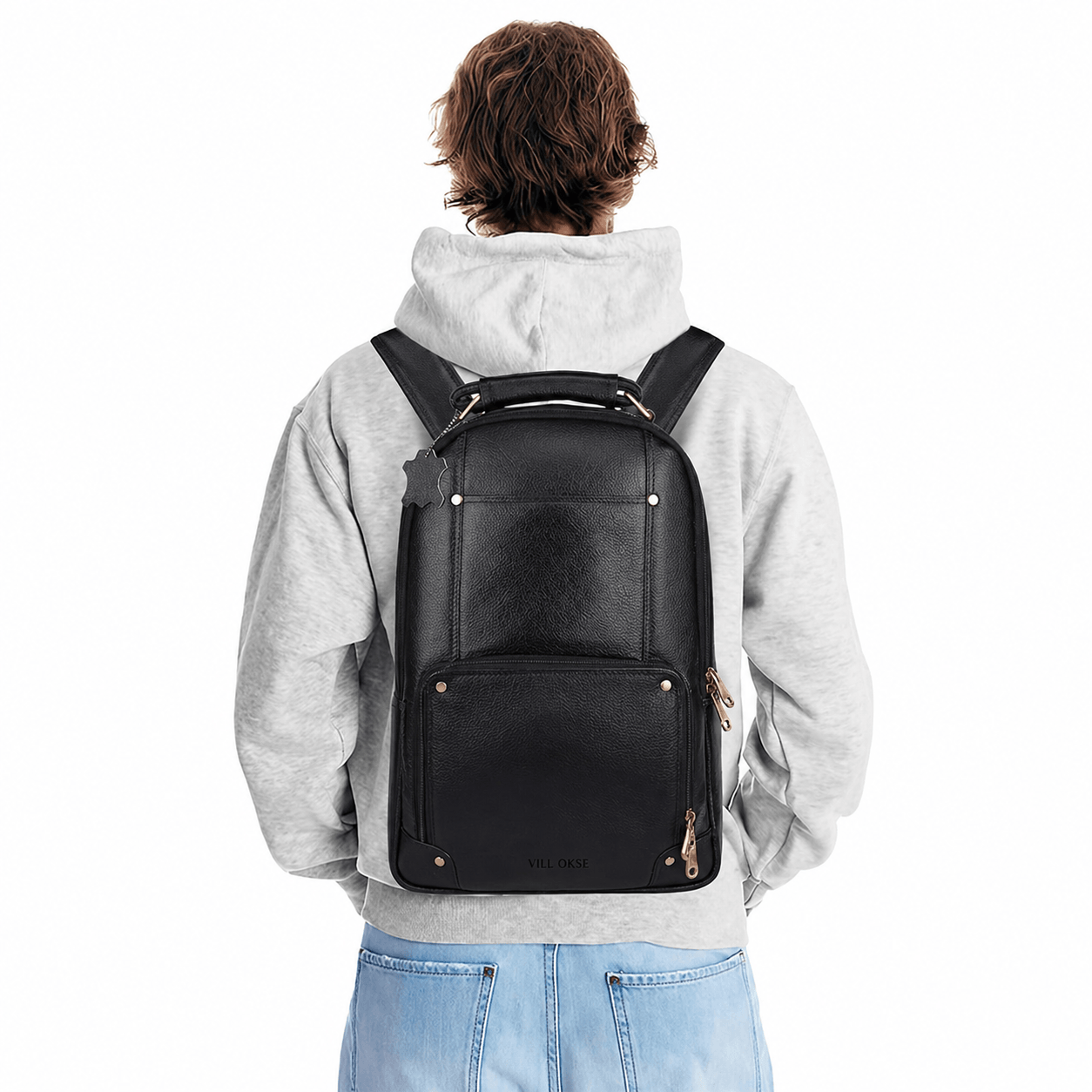 The Bavaria Leather Backpack in Black NDM by VILL OKSE front view with model