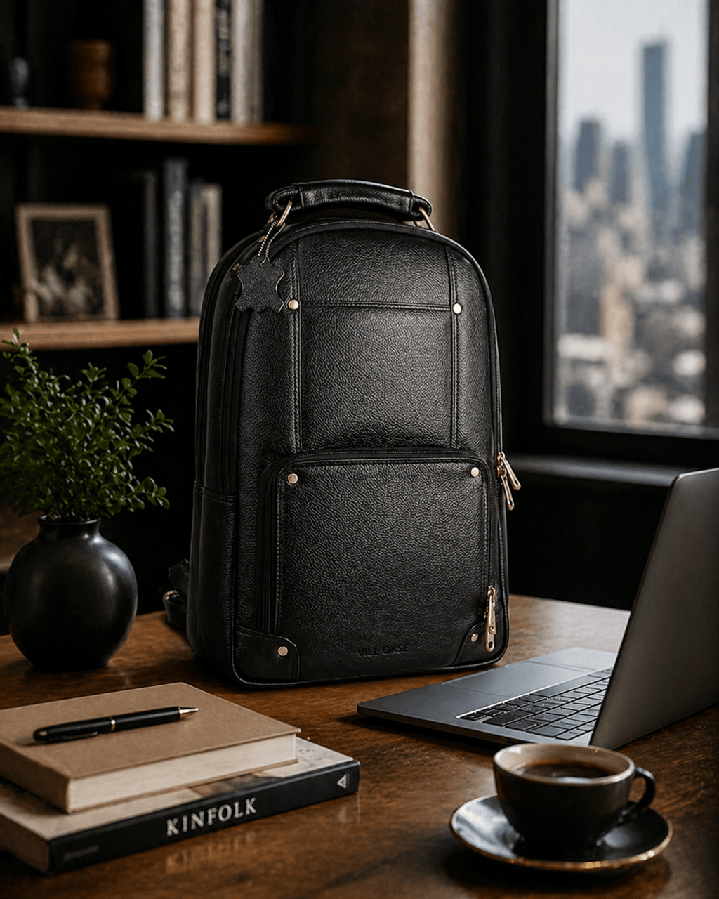 The Bavaria Leather Backpack in Black NDM by VILL OKSE in office