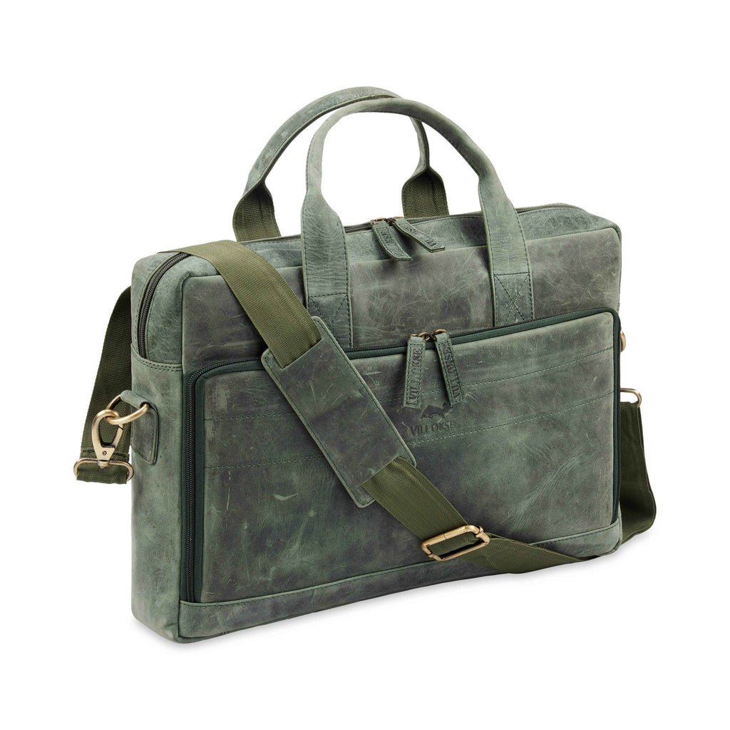 hunter-leather-laptop-bag-side-angle-with-shoulder-strap - VILL OKSE