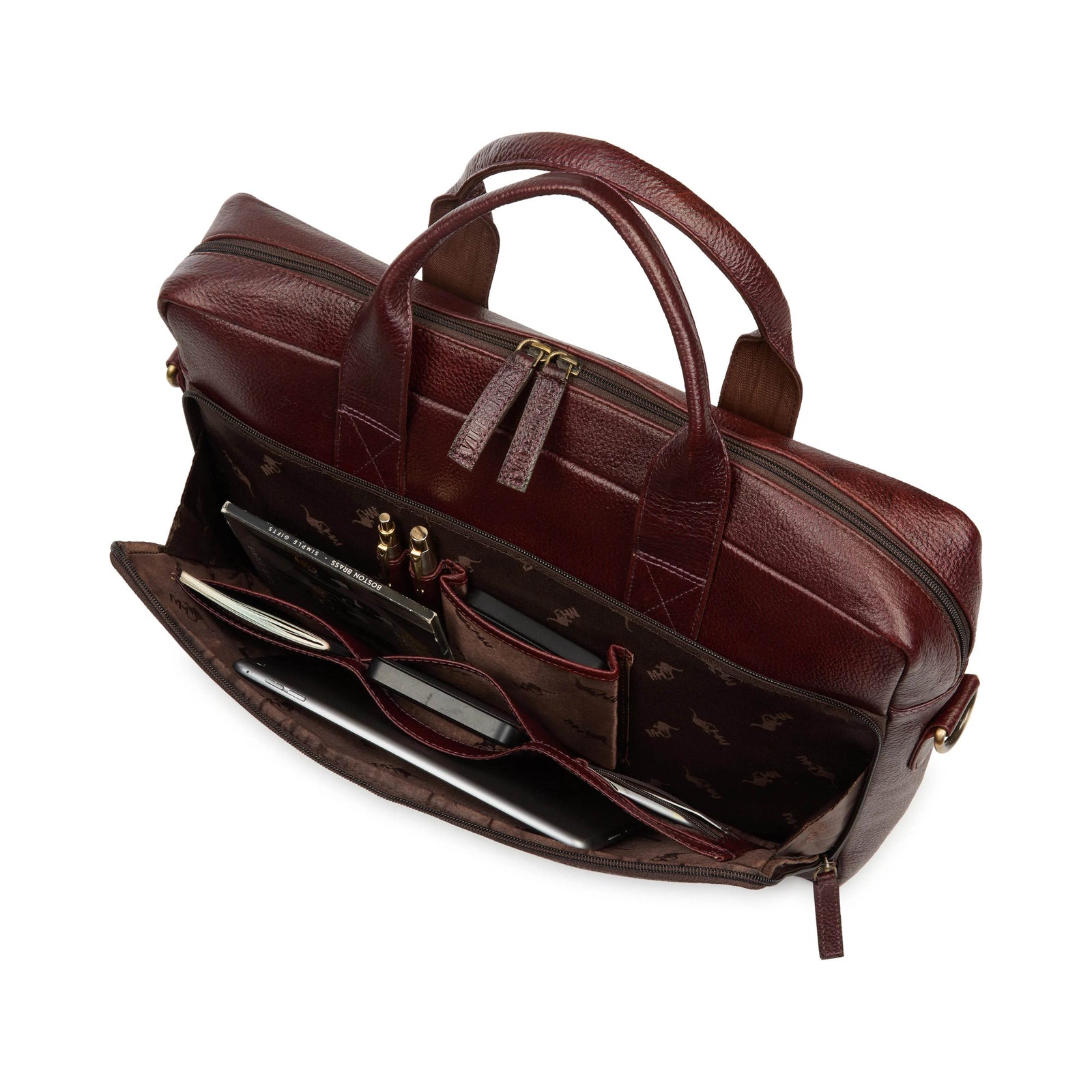 leather-laptop-bag-brown-open-top-organizer-pens - VILL OKSE
