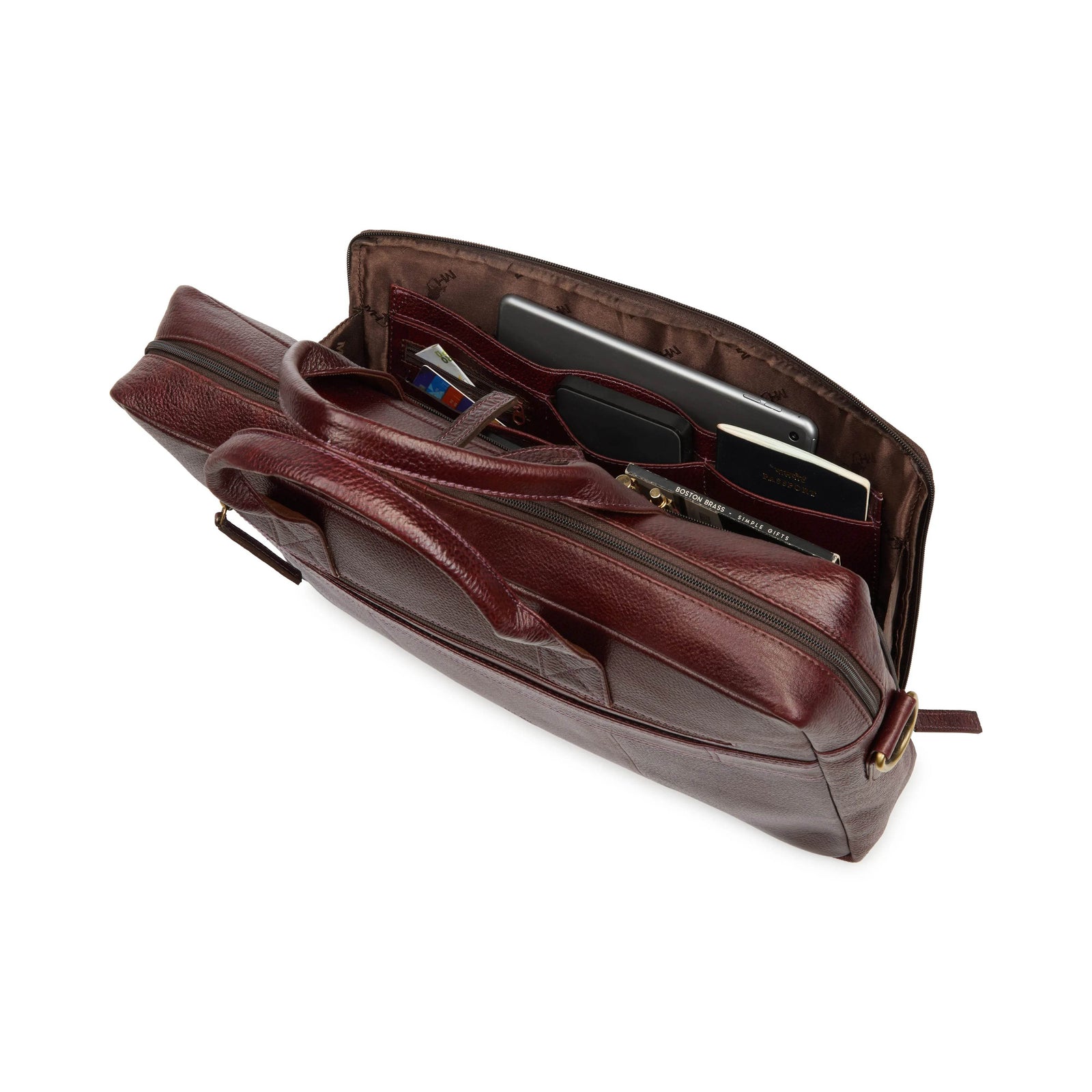 leather-laptop-bag-brown-open-top-with-tablet-and-accessories - VILL OKSE