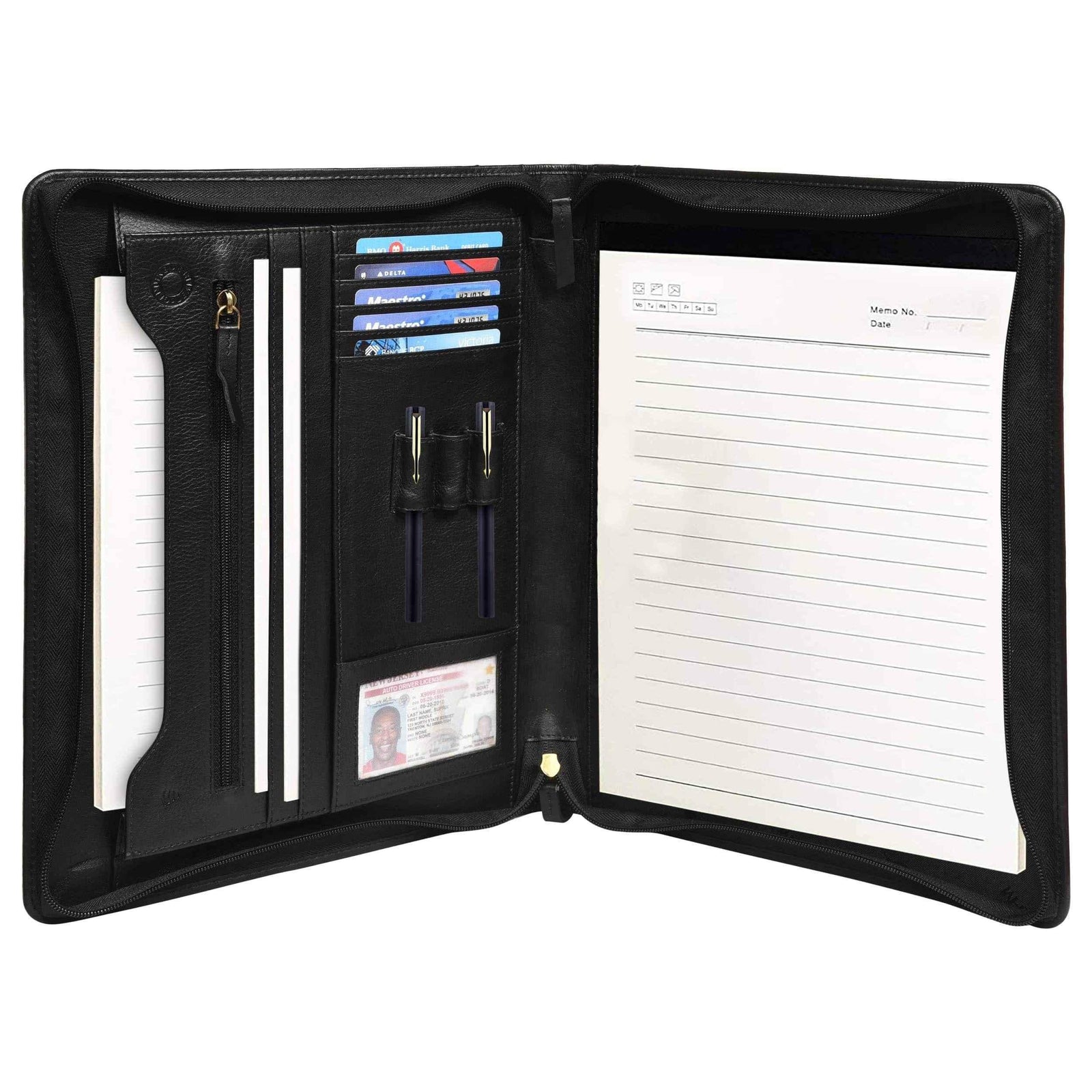leather-padfolio-black-open-with-card-pen-holders - VILL OKSE