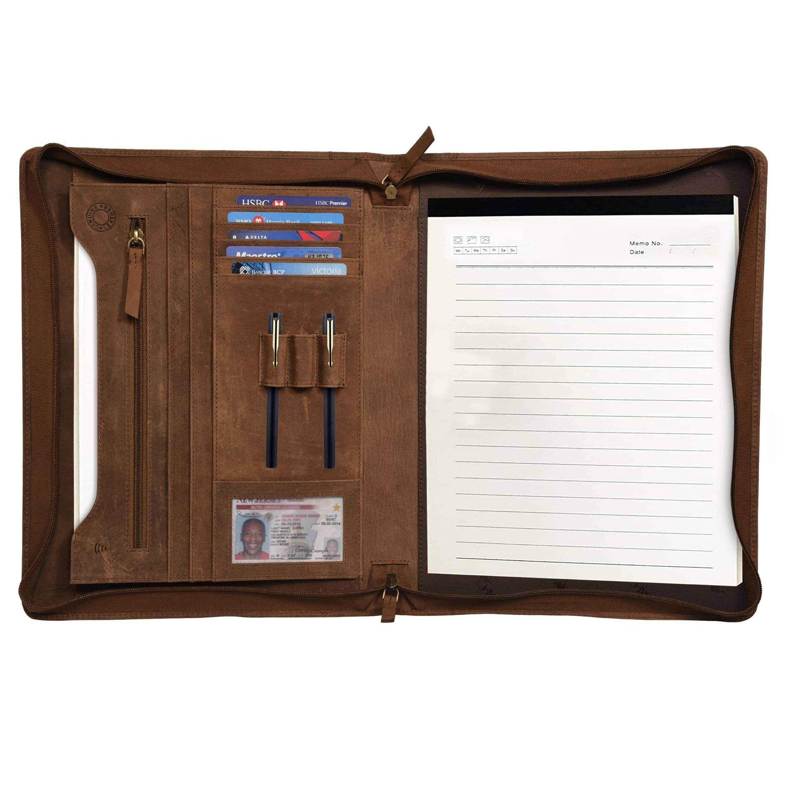 leather-padfolio-brown-zipper-pocket-pen-card-slots - VILL OKSE
