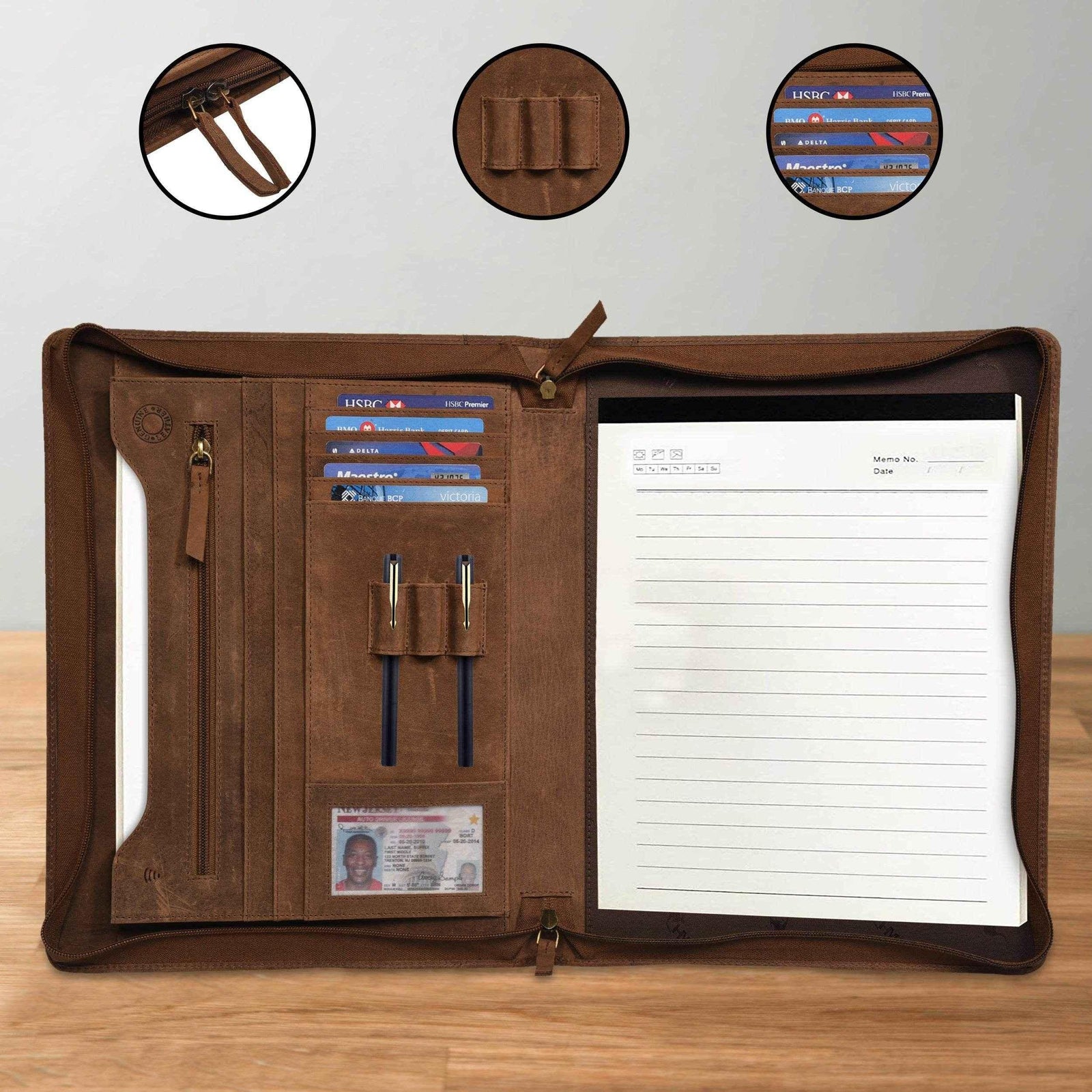 leather-padfolio-closeup-zipper-pen-holder-card-slots - VILL OKSE