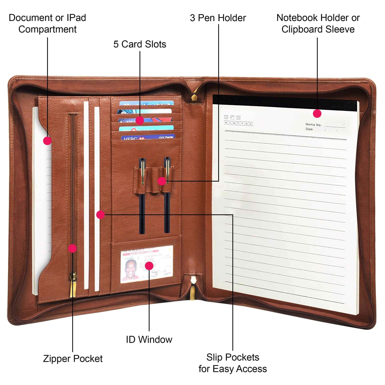 leather-padfolio-labeled-features-pen-card-slots-zipper-pocket - VILL OKSE