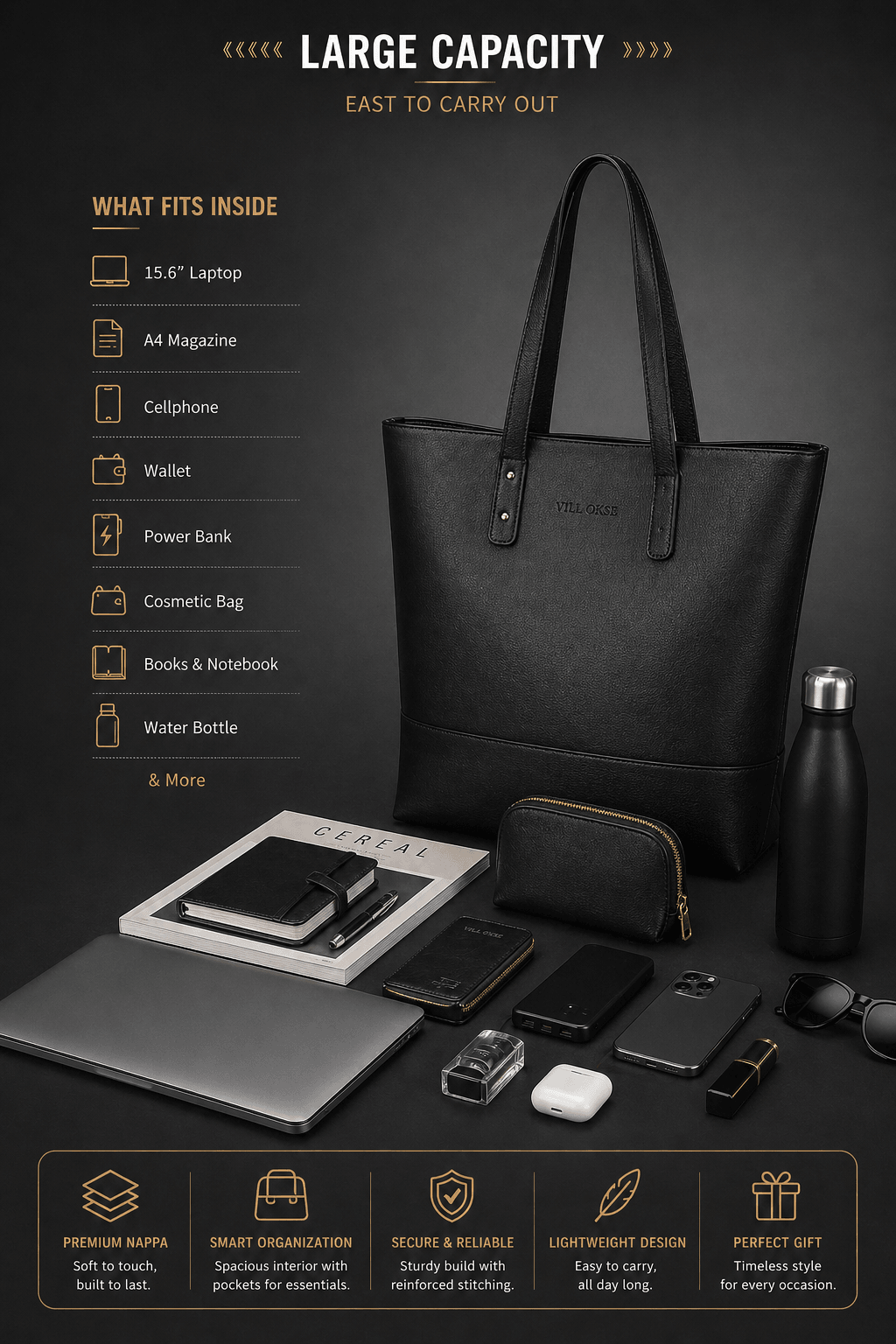Noir Leather Tote Bag (Black Nappa)