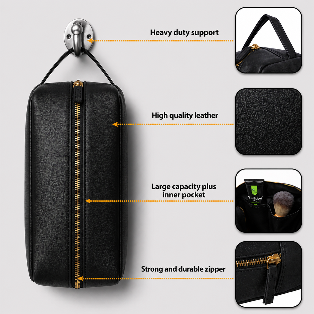 The Sleek Leather Toiletry Bag (Black Nappa)