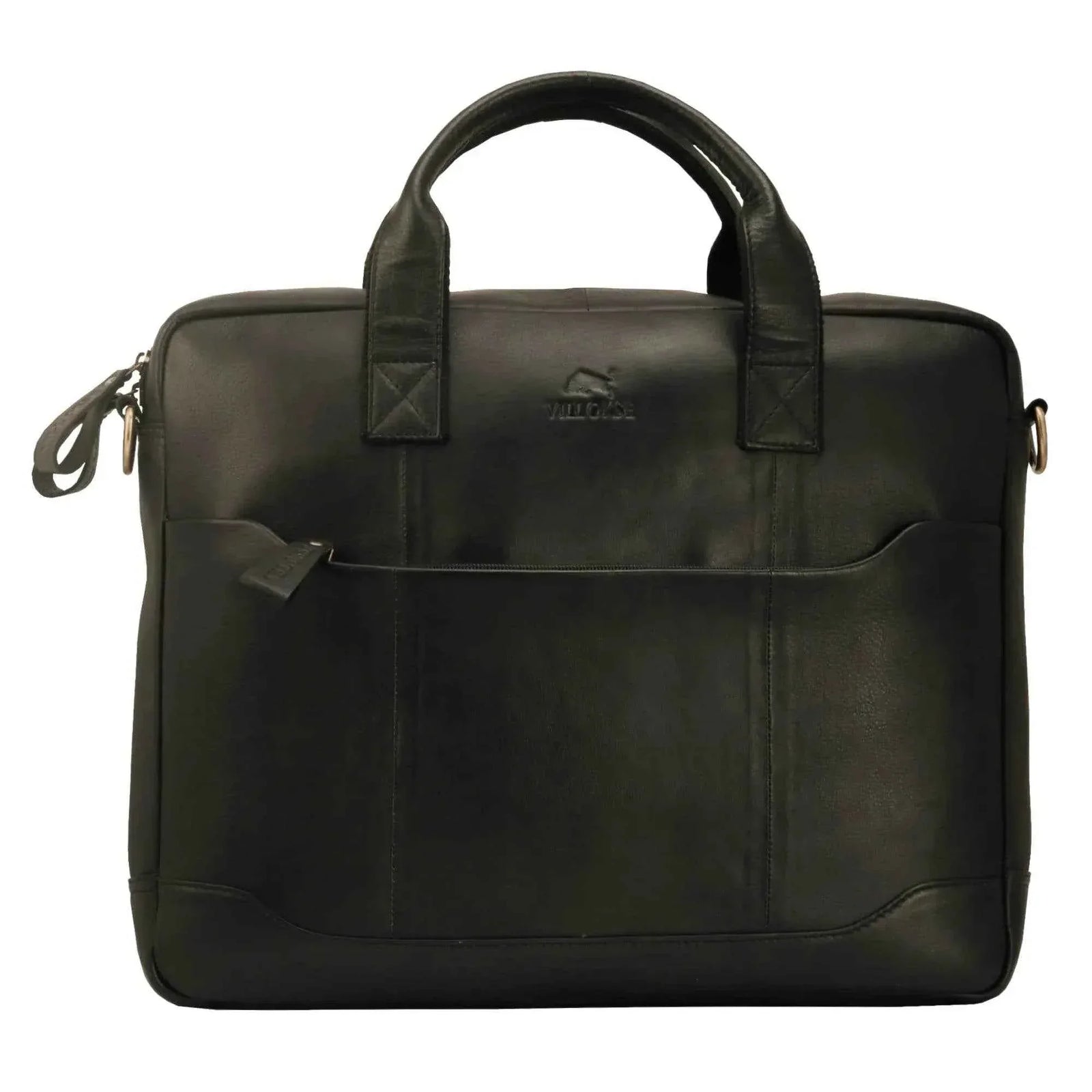 villokse-laptop-bag-black-leather-front-view-handle - VILL OKSE