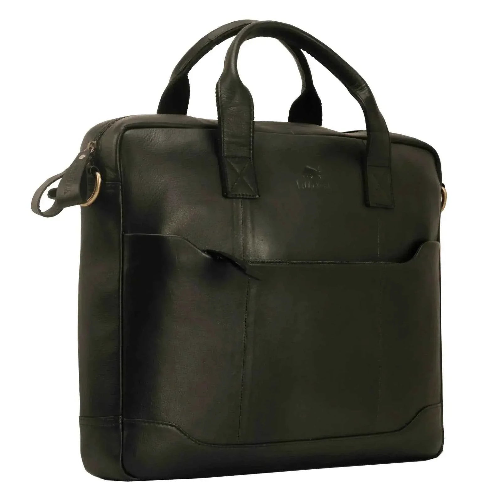 villokse-laptop-bag-black-leather-side-angle-front-pocket - VILL OKSE
