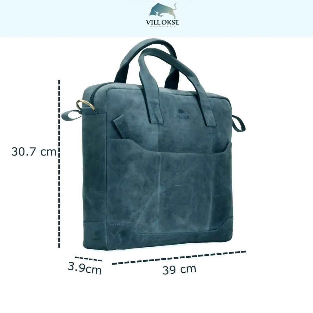 The Hector - Genuine Leather Laptop Bag - Blue Waxy Hunter - VILL OKSE