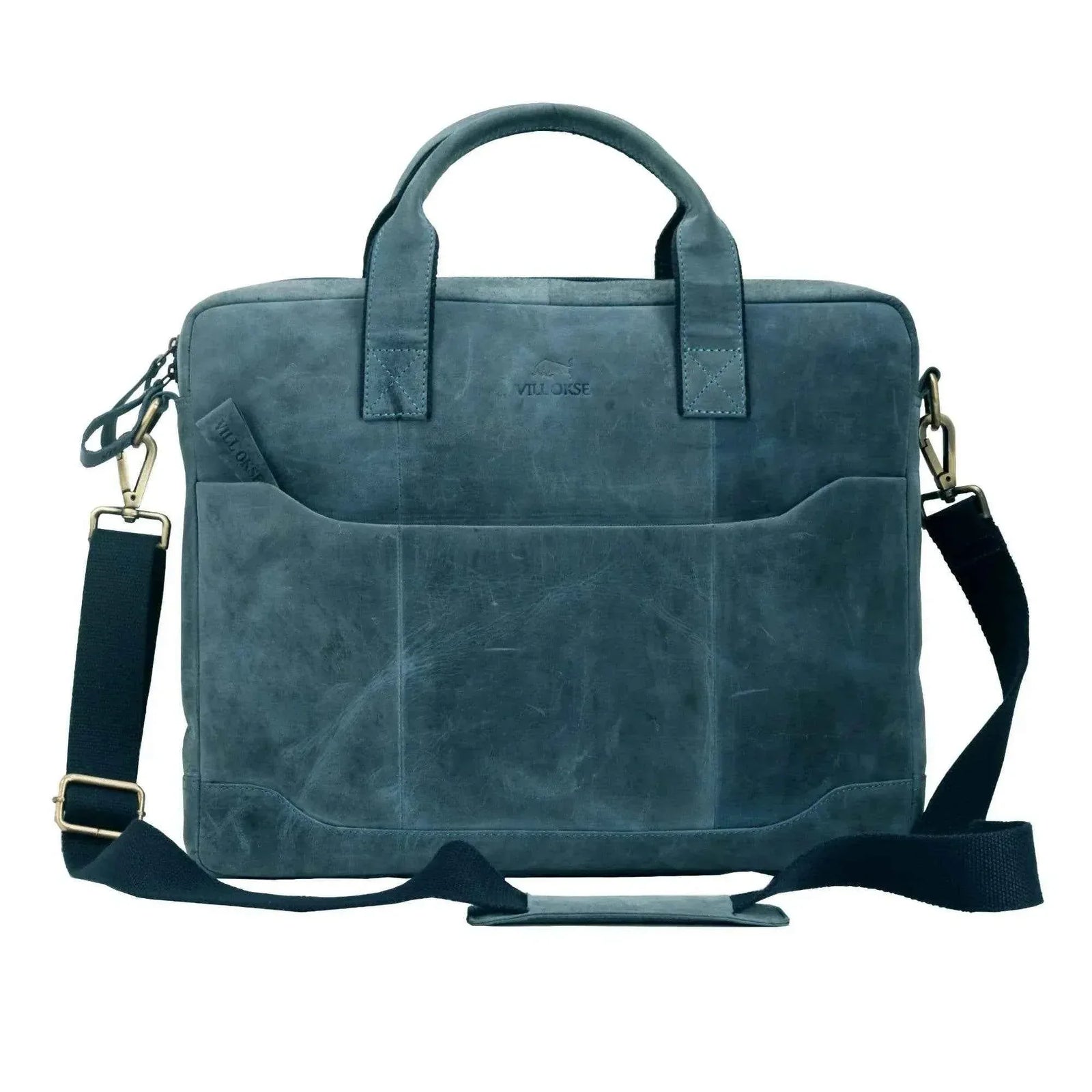 villokse-laptop-bag-blue-leather-front-pocket-strap - VILL OKSE