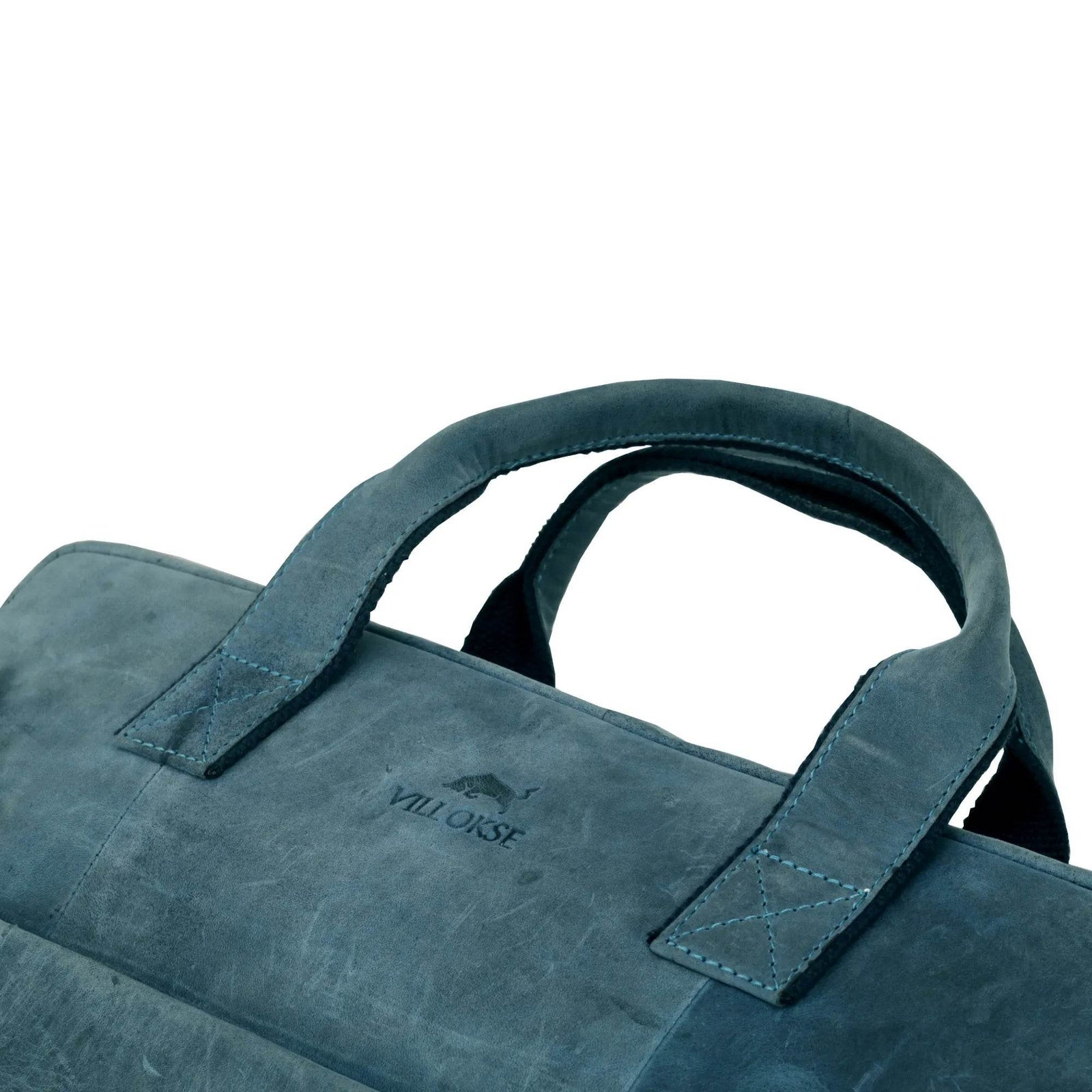 villokse-laptop-bag-blue-leather-handle-closeup - VILL OKSE
