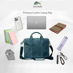 villokse-laptop-bag-blue-leather-with-accessories-display - VILL OKSE