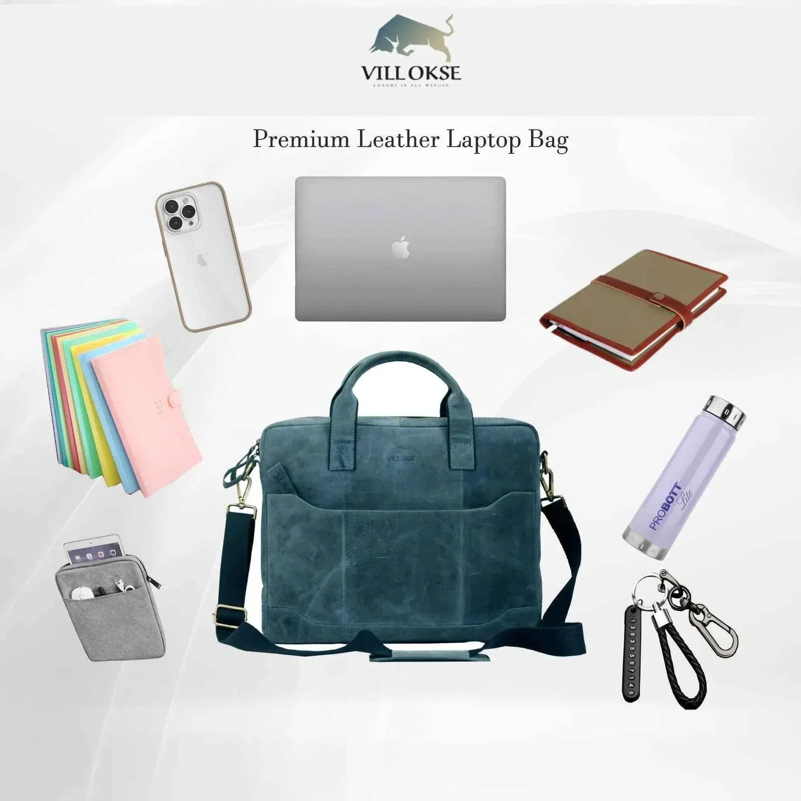 villokse-laptop-bag-blue-leather-with-accessories-display - VILL OKSE