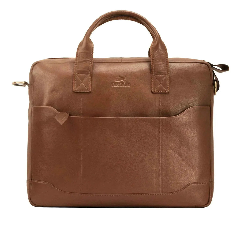 villokse-laptop-bag-front-view-brown-leather - VILL OKSE