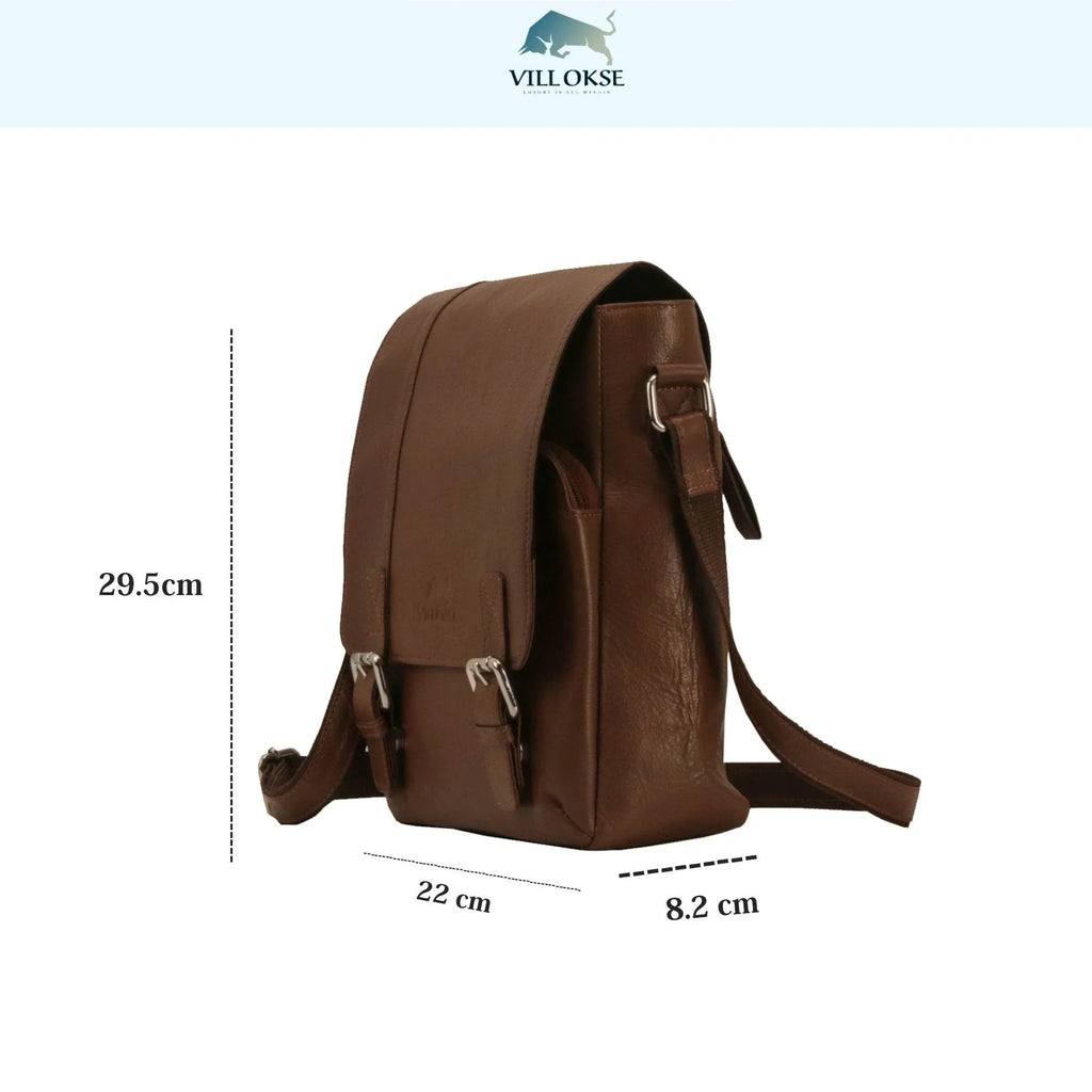 villokse-messenger-bag-brown-leather-side-dimensions - VILL OKSE