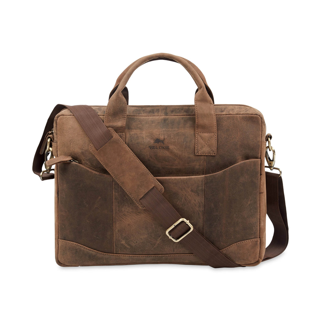 vilo-craft-laptop-bag-brown-leather-front-with-shoulder-strap - VILL OKSE