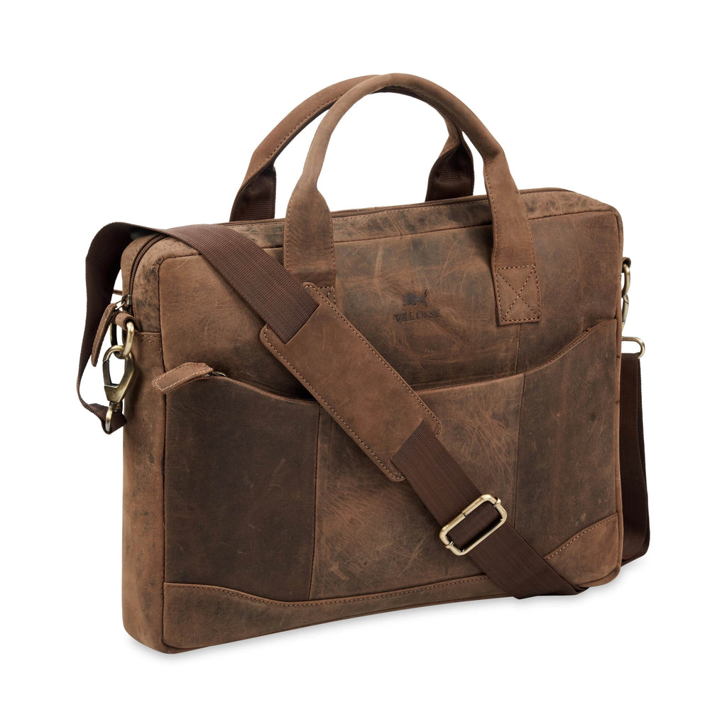 vilo-craft-laptop-bag-brown-leather-side-angle-with-strap - VILL OKSE