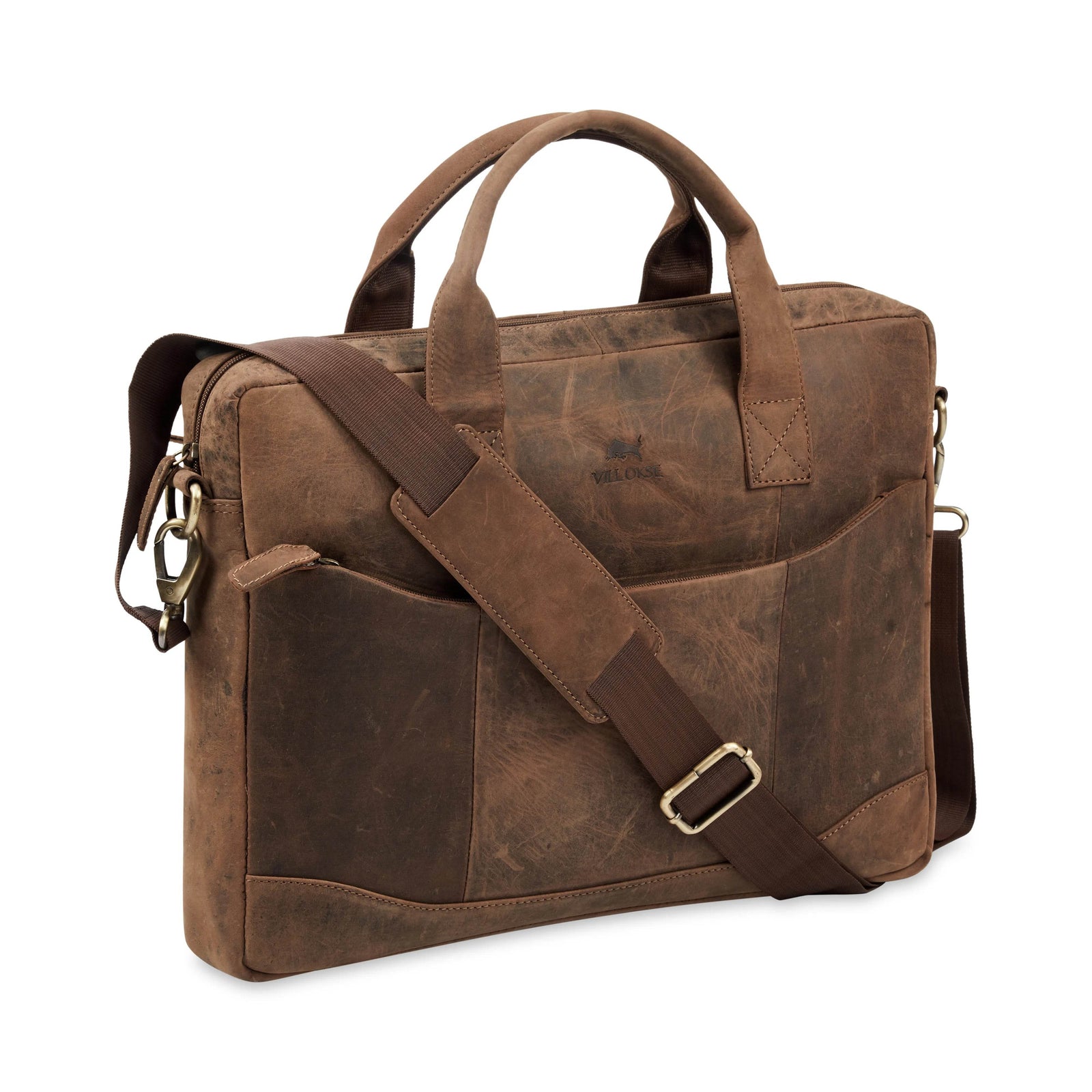 vilo-craft-laptop-bag-brown-leather-side-angle-with-strap - VILL OKSE