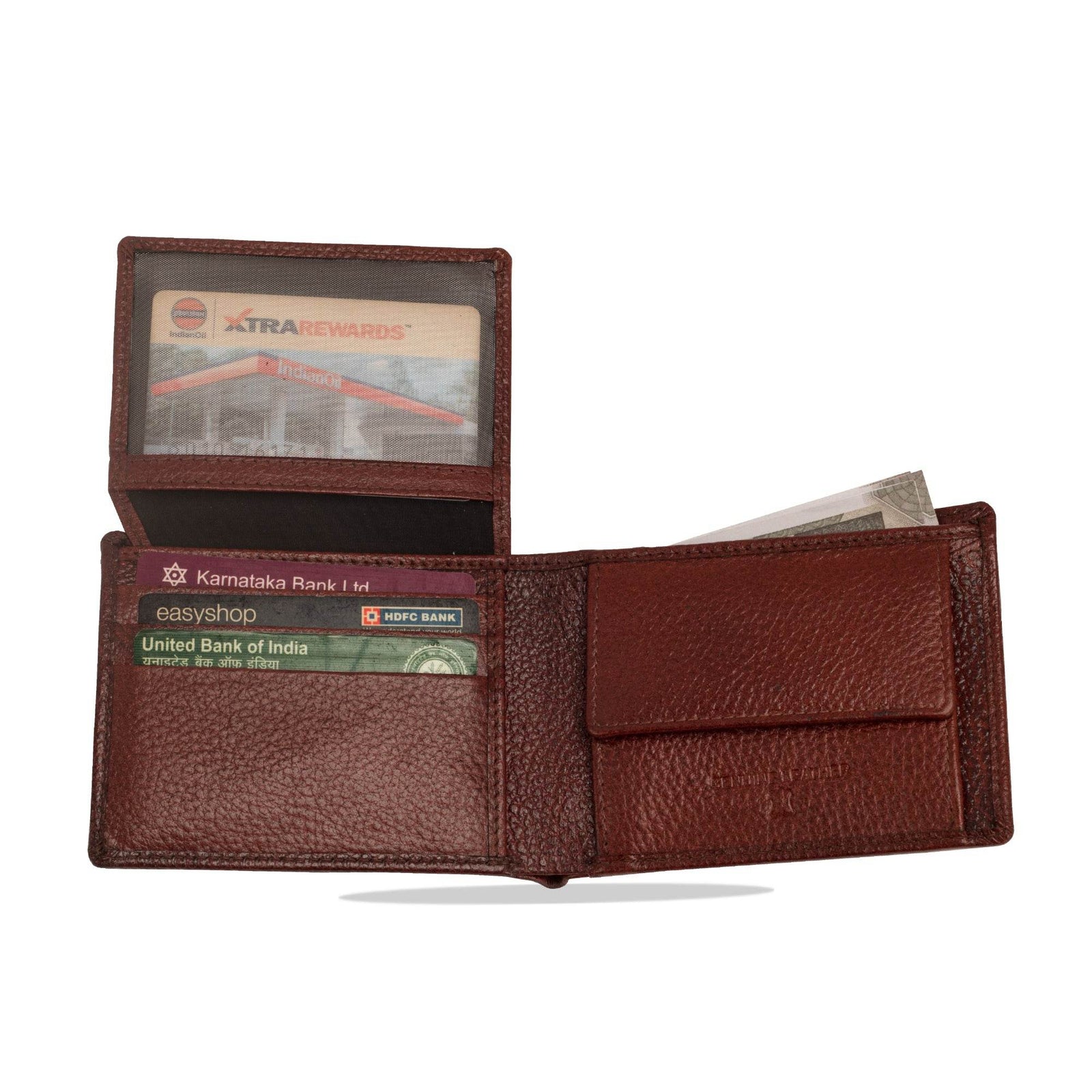 vilo-rfid-leather-wallet-brown-open-with-cards-in-slots - VILL OKSE