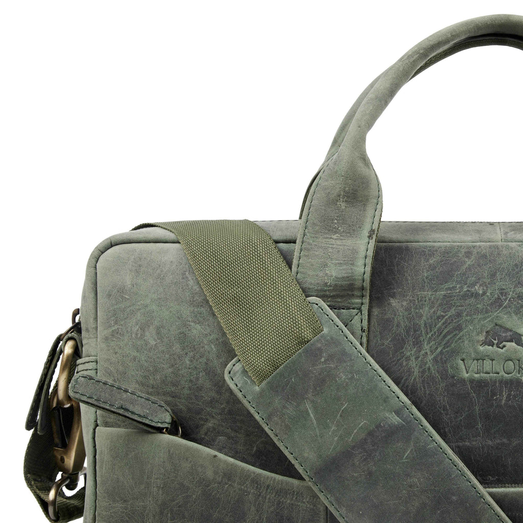 viloa-laptop-bag-green-leather-shoulder-pad-closeup - VILL OKSE